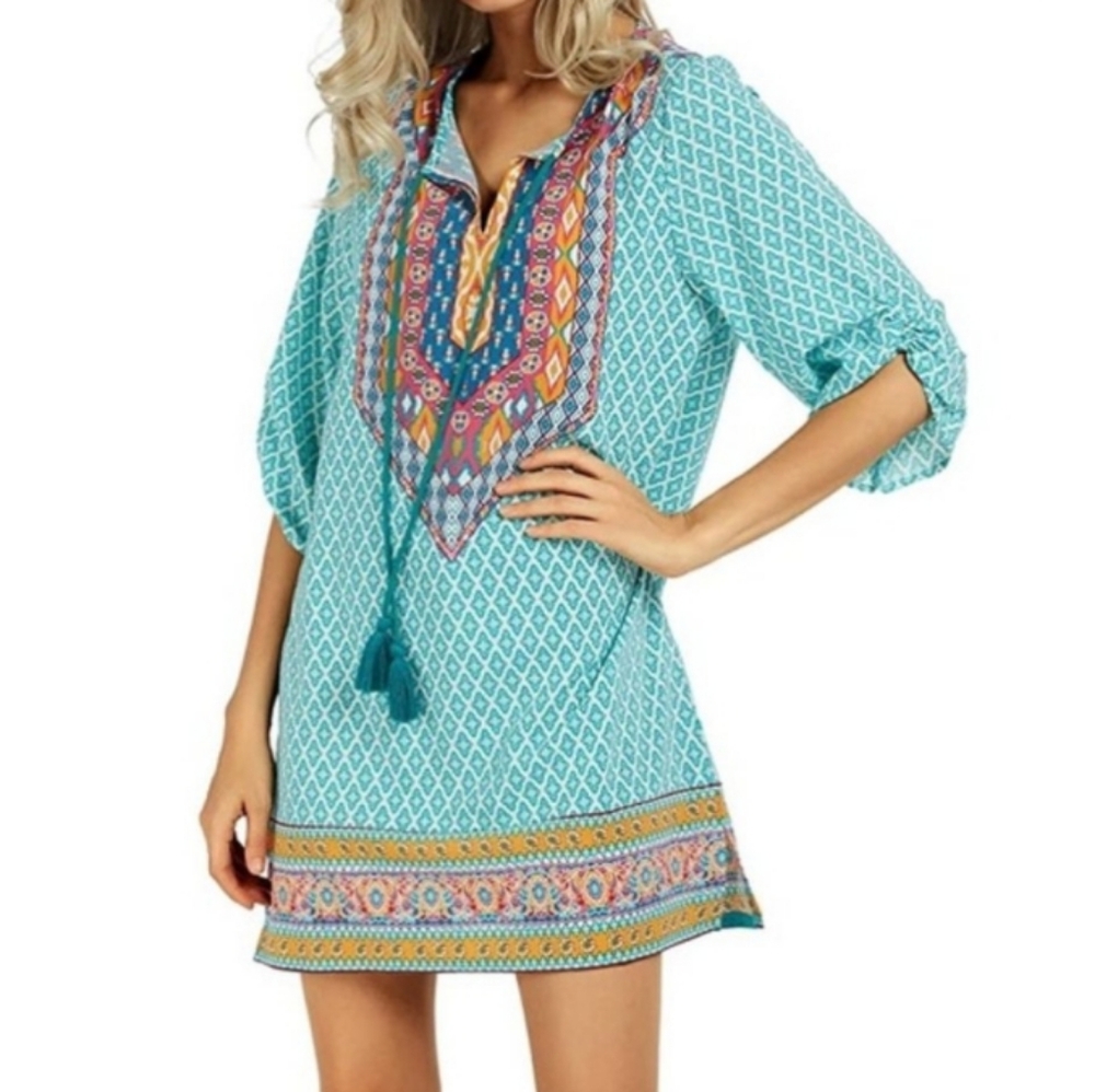 URBAN COCO Boho Teal Pink Patterned Mini Dress Tunic Swimsuit Cover Loungedress